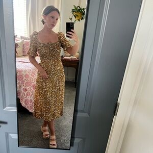 Faithfull the Brand Paisely midi dress. Ruched waist.